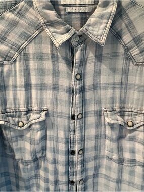 Men’s Lucky Brand Light Blue and White Plaid Button-Down Shirt-Size Sm
